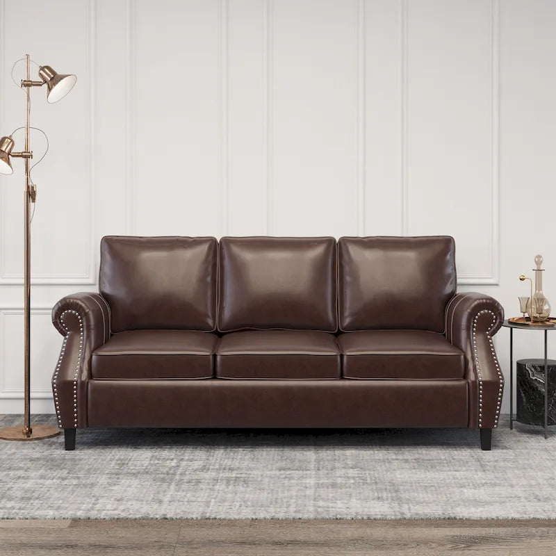 Divano a 3 posti moderno marrone scuro in ecopelle da 80" con gambe in legno di betulla e borchie