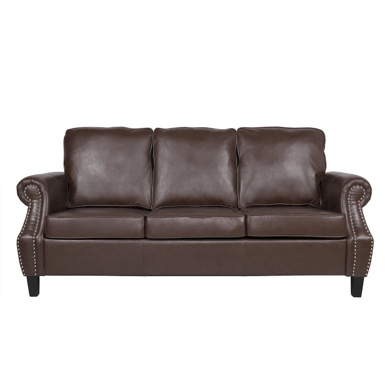 Divano a 3 posti moderno marrone scuro in ecopelle da 80" con gambe in legno di betulla e borchie