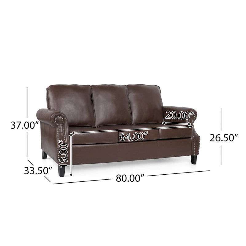 Divano a 3 posti moderno marrone scuro in ecopelle da 80" con gambe in legno di betulla e borchie