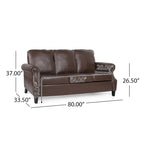 Divano a 3 posti moderno marrone scuro in ecopelle da 80" con gambe in legno di betulla e borchie