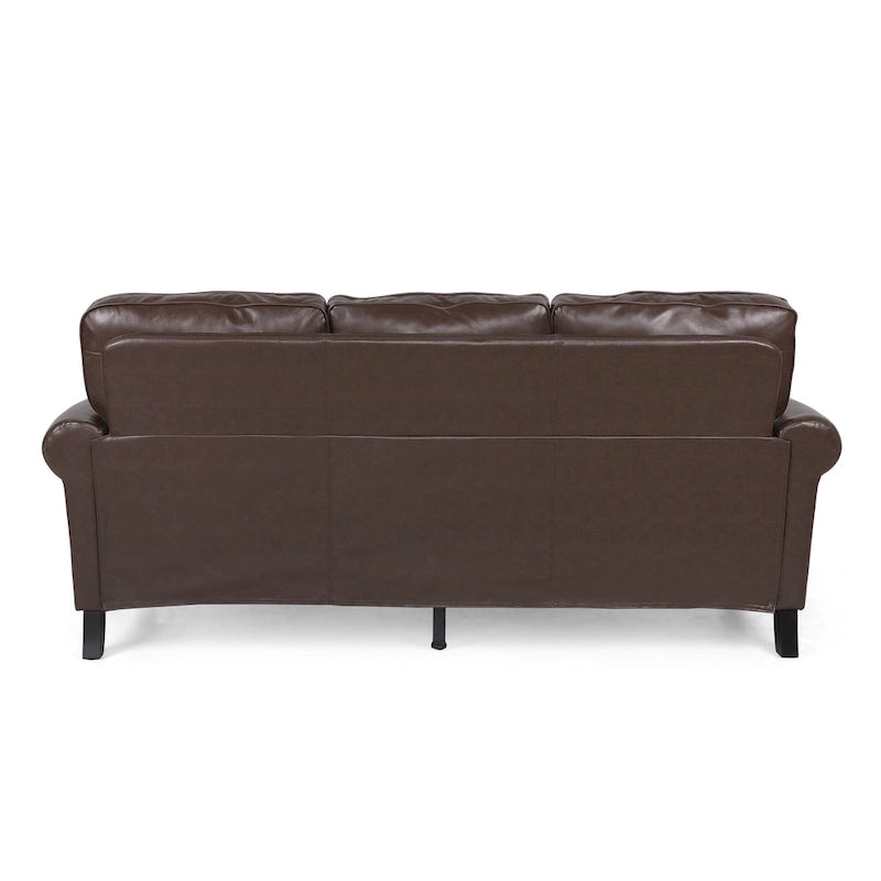 Divano a 3 posti moderno marrone scuro in ecopelle da 80" con gambe in legno di betulla e borchie