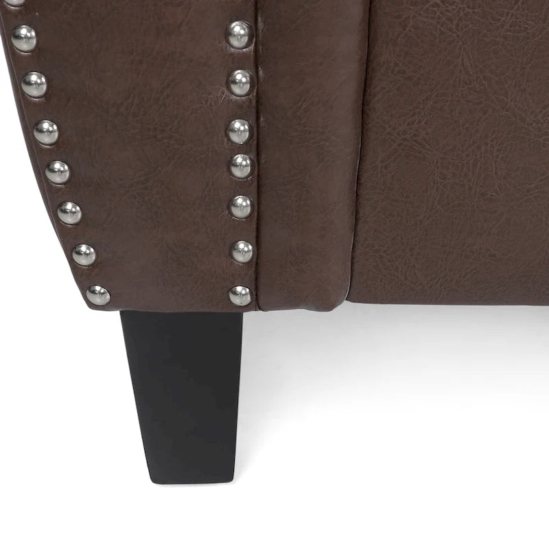 Divano a 3 posti moderno marrone scuro in ecopelle da 80" con gambe in legno di betulla e borchie