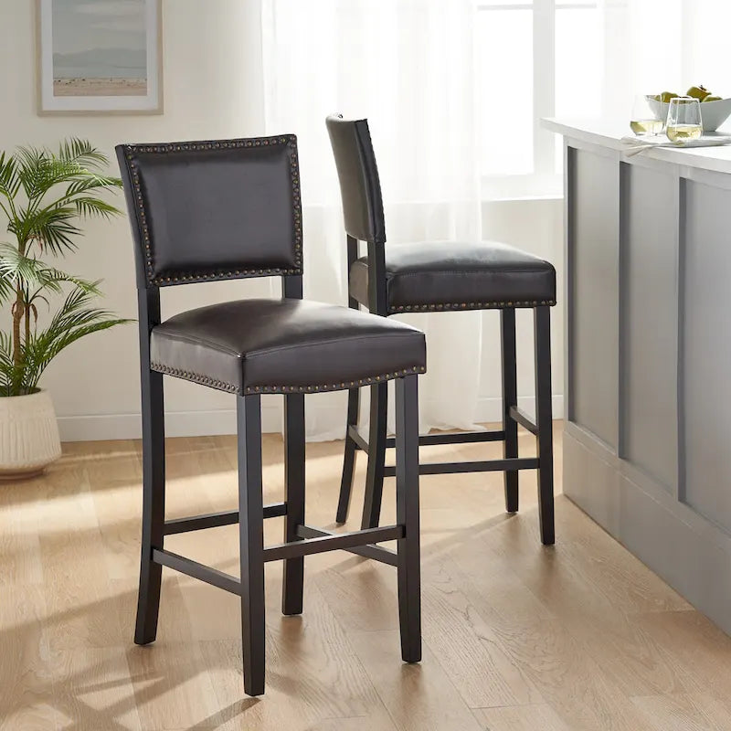 30.5" Sgabello da bar moderno con schienale in pelle, seduta imbottita, finiture con borchie, gambe in legno massello per bar, sala da pranzo, soggiorno, caffè
