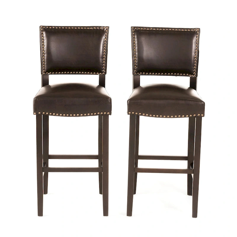 30.5" Sgabello da bar moderno con schienale in pelle, seduta imbottita, finiture con borchie, gambe in legno massello per bar, sala da pranzo, soggiorno, caffè