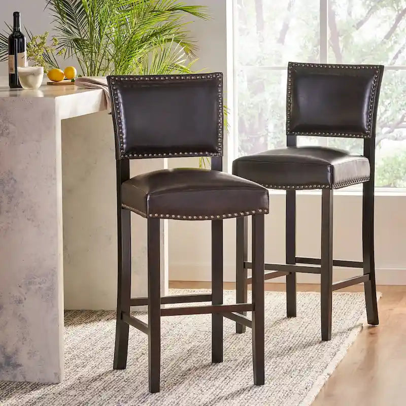 30.5" Sgabello da bar moderno con schienale in pelle, seduta imbottita, finiture con borchie, gambe in legno massello per bar, sala da pranzo, soggiorno, caffè