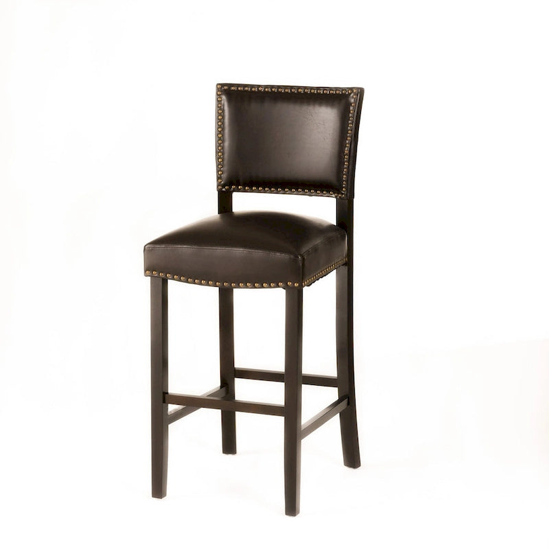 30.5" Sgabello da bar moderno con schienale in pelle, seduta imbottita, finiture con borchie, gambe in legno massello per bar, sala da pranzo, soggiorno, caffè