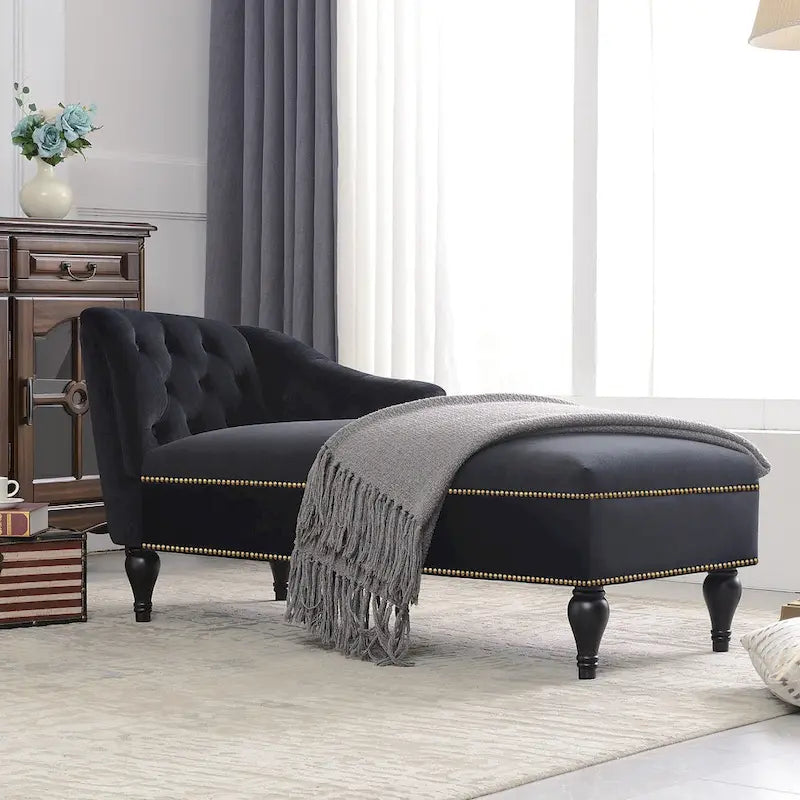 Chaise longue in velluto da 58" con borchie e gambe in legno