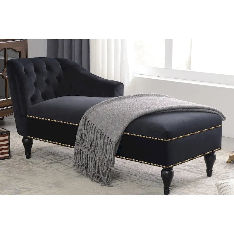 Chaise longue in velluto da 58" con borchie e gambe in legno