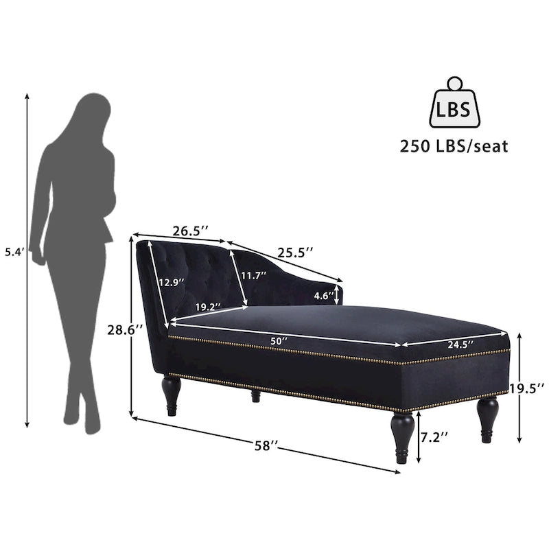 Chaise longue in velluto da 58" con borchie e gambe in legno