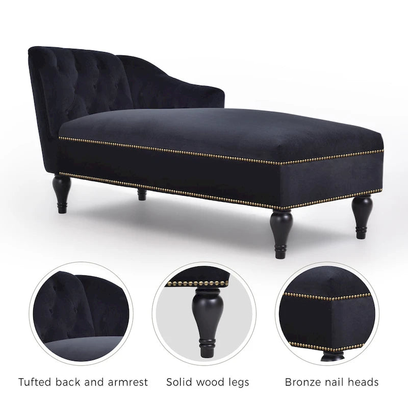 Chaise longue in velluto da 58" con borchie e gambe in legno