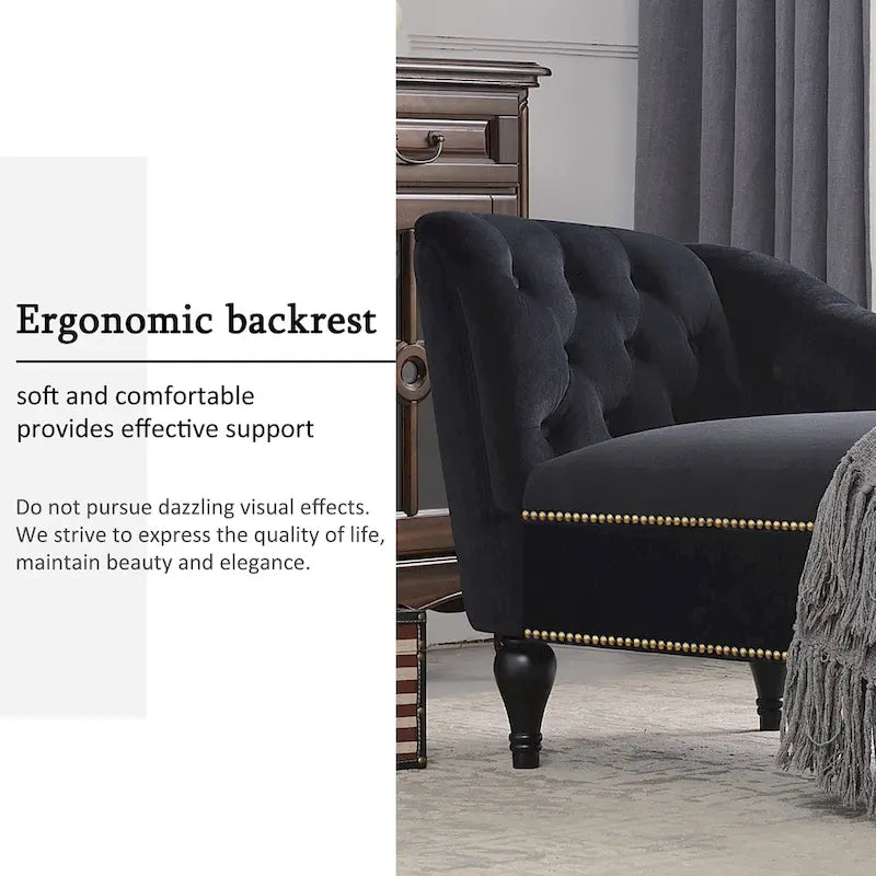 Chaise longue in velluto da 58" con borchie e gambe in legno