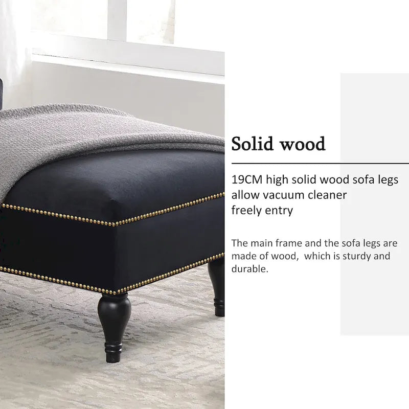 Chaise longue in velluto da 58" con borchie e gambe in legno