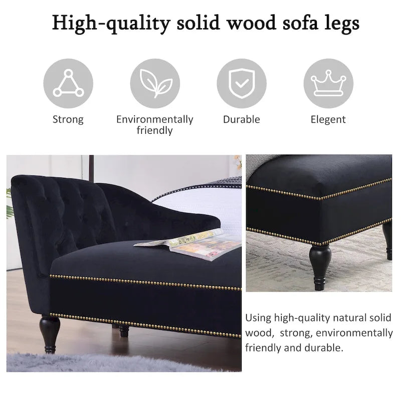 Chaise longue in velluto da 58" con borchie e gambe in legno