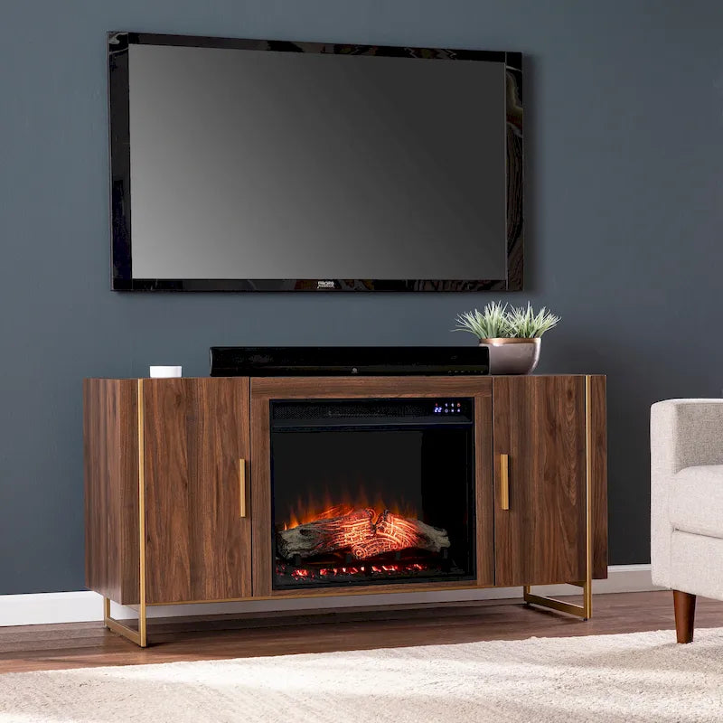 Mobile TV contemporaneo in legno marrone con caminetto elettrico, per TV fino a 52"