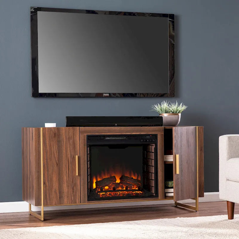 Mobile TV contemporaneo in legno marrone con caminetto elettrico, per TV fino a 52"