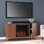 Mobile TV contemporaneo in legno marrone con caminetto elettrico, per TV fino a 52"