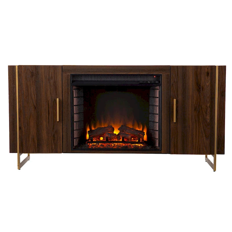 Mobile TV contemporaneo in legno marrone con caminetto elettrico, per TV fino a 52"