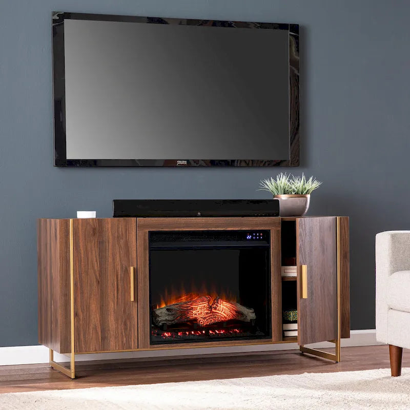Mobile TV contemporaneo in legno marrone con caminetto elettrico, per TV fino a 52"