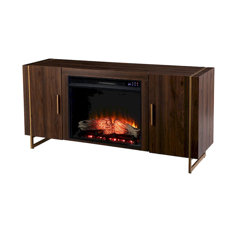 Mobile TV contemporaneo in legno marrone con caminetto elettrico, per TV fino a 52"