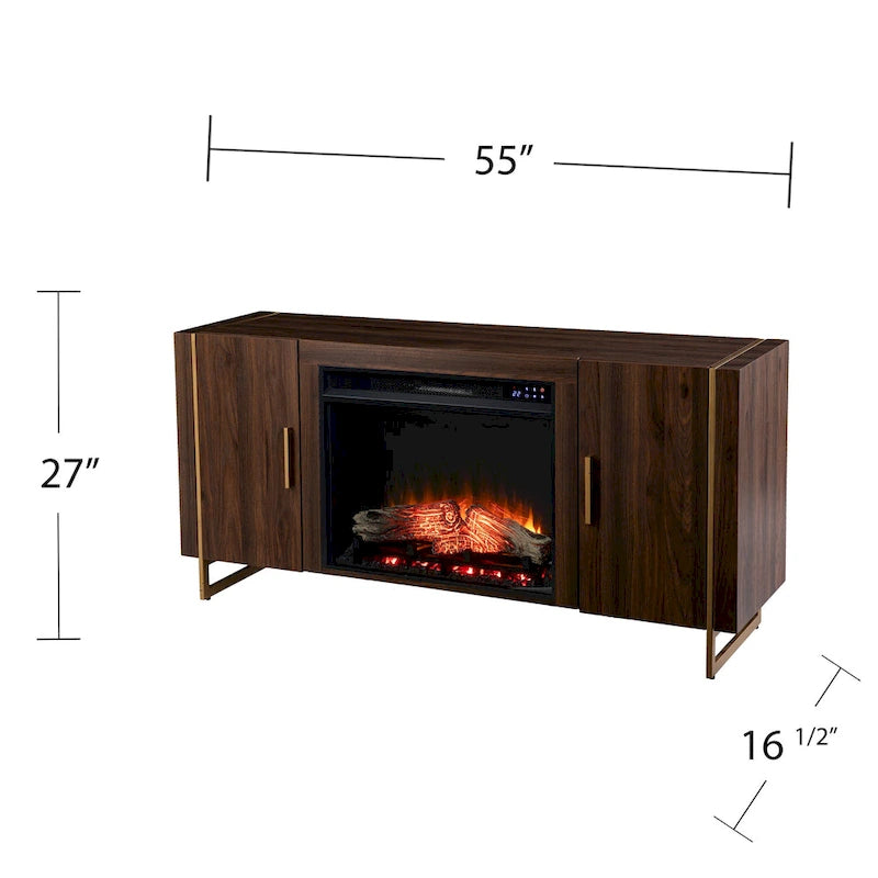 Mobile TV contemporaneo in legno marrone con caminetto elettrico, per TV fino a 52"