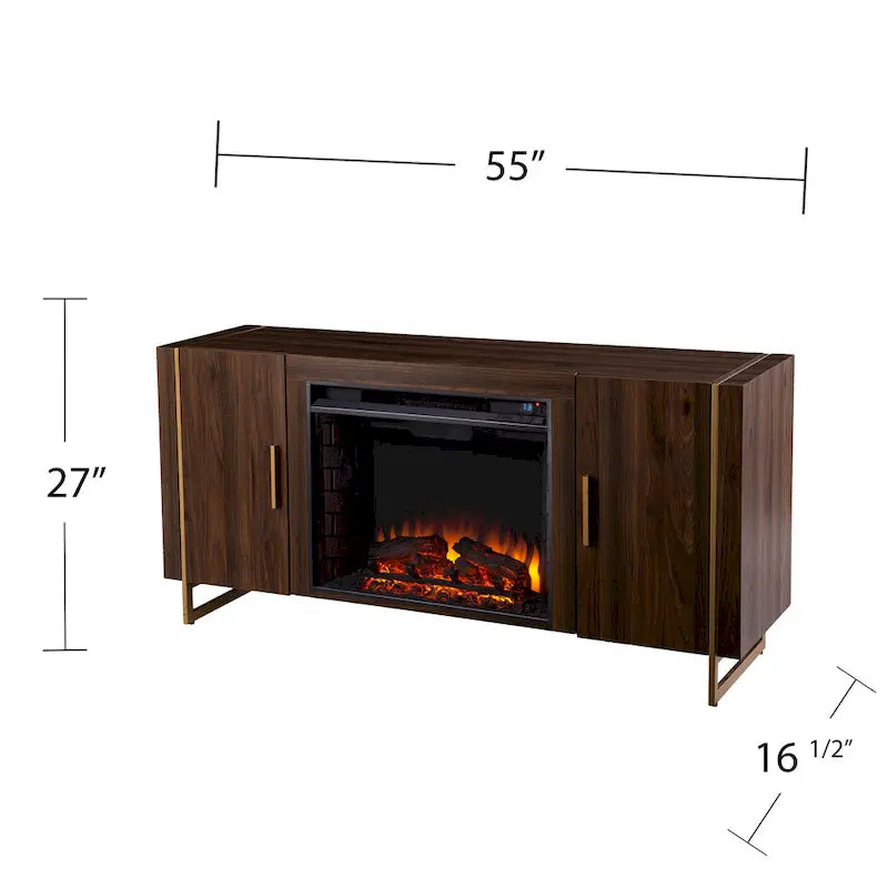 Mobile TV contemporaneo in legno marrone con caminetto elettrico, per TV fino a 52"