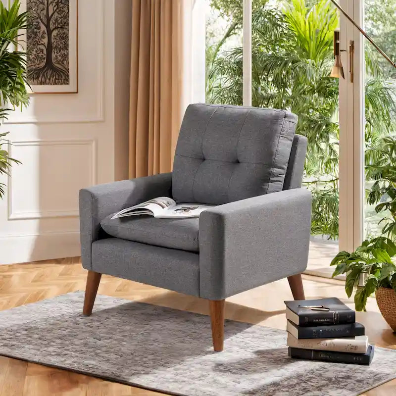 Poltrona con braccioli e rivestimento in tessuto moderno con gambe in legno – Grigio/Bianco sporco