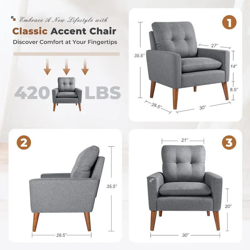 Poltrona con braccioli e rivestimento in tessuto moderno con gambe in legno – Grigio/Bianco sporco