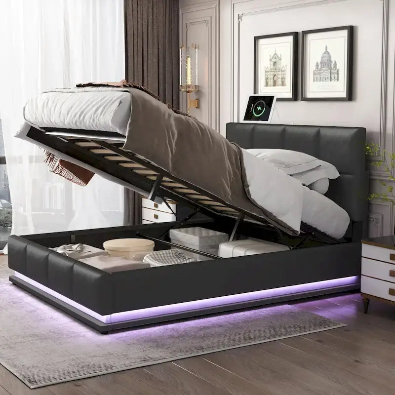 Letto imbottito con piattaforma e sistema di archiviazione idraulico, letto contenitore in PU Queen Size con luci a LED e caricatore USB