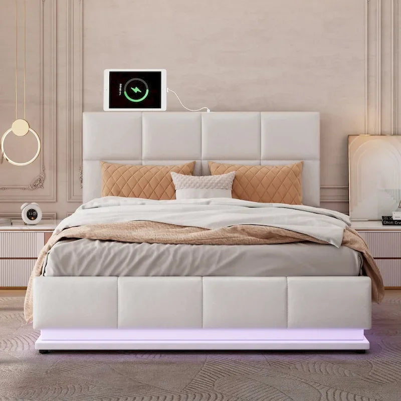 Tufted Upholstered Platform Bed with Hydraulic Storage System,Queen Size PU Storage Bed with LED Lights and USB charger