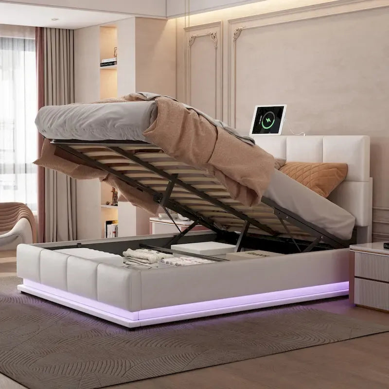 Letto imbottito con piattaforma e sistema di archiviazione idraulico, letto contenitore in PU Queen Size con luci a LED e caricatore USB
