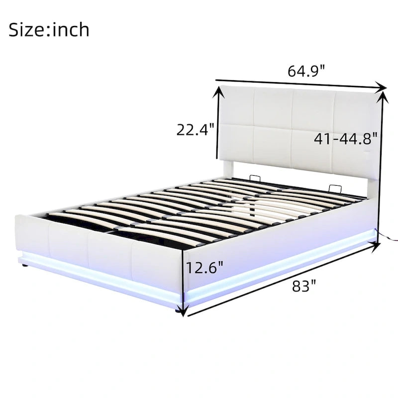 Letto imbottito con piattaforma e sistema di archiviazione idraulico, letto contenitore in PU Queen Size con luci a LED e caricatore USB