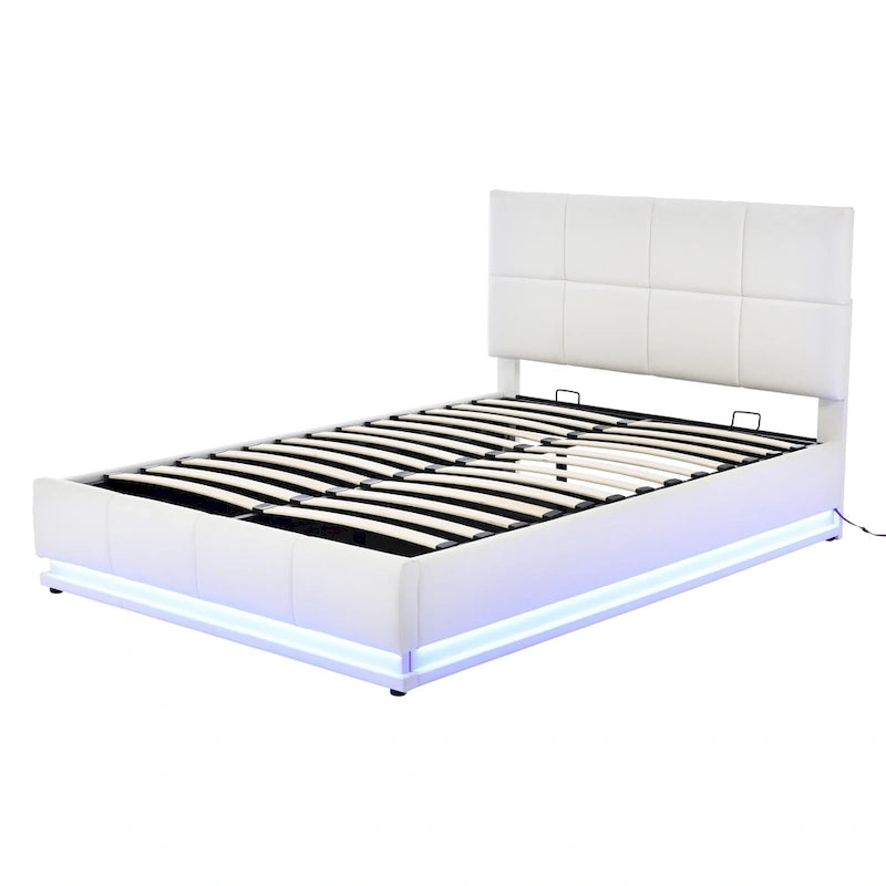 Letto imbottito con piattaforma e sistema di archiviazione idraulico, letto contenitore in PU Queen Size con luci a LED e caricatore USB