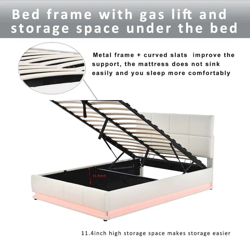 Letto imbottito con piattaforma e sistema di archiviazione idraulico, letto contenitore in PU Queen Size con luci a LED e caricatore USB