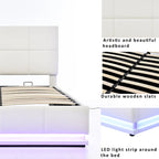 Letto imbottito con piattaforma e sistema di archiviazione idraulico, letto contenitore in PU Queen Size con luci a LED e caricatore USB