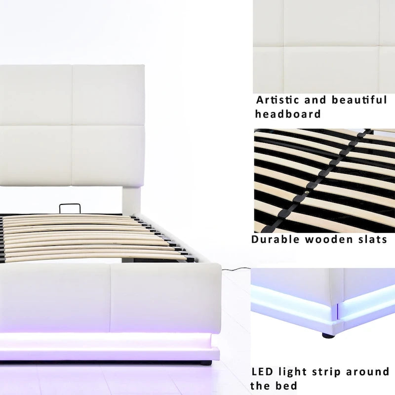 Letto imbottito con piattaforma e sistema di archiviazione idraulico, letto contenitore in PU Queen Size con luci a LED e caricatore USB