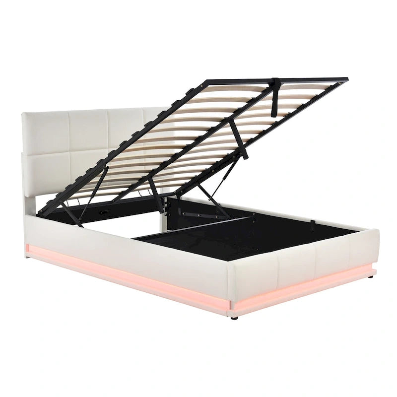 Letto imbottito con piattaforma e sistema di archiviazione idraulico, letto contenitore in PU Queen Size con luci a LED e caricatore USB
