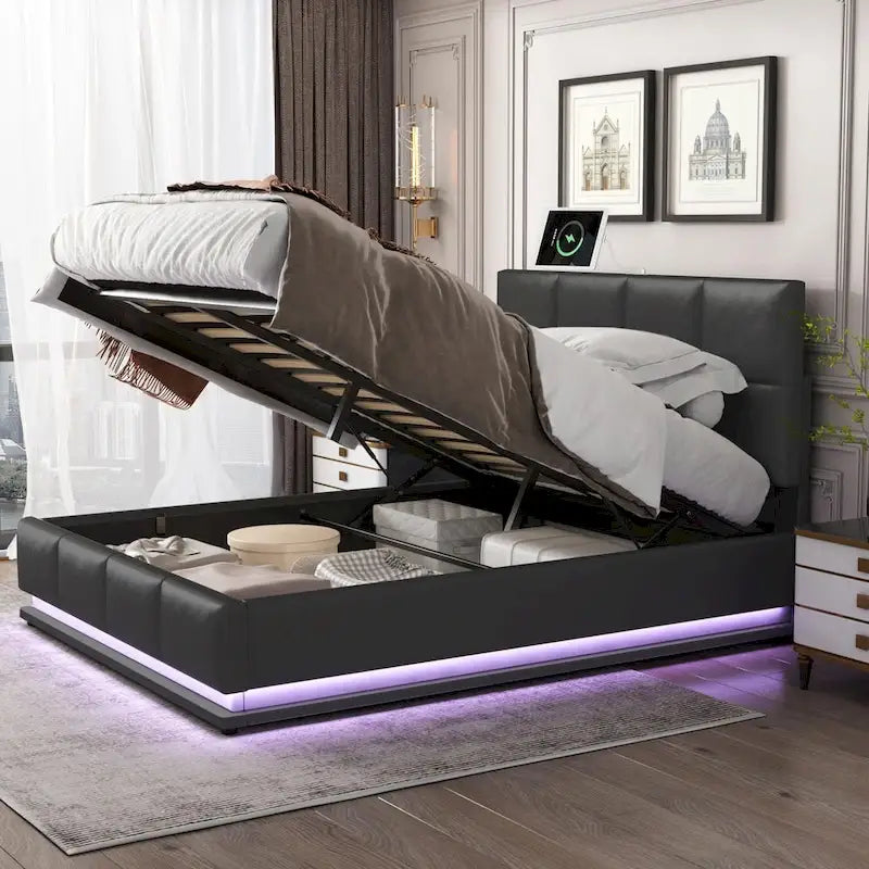 Letto imbottito con piattaforma e sistema di archiviazione idraulico, letto contenitore in PU Queen Size con luci a LED e caricatore USB