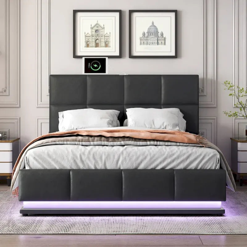 Letto imbottito con piattaforma e sistema di archiviazione idraulico, letto contenitore in PU Queen Size con luci a LED e caricatore USB