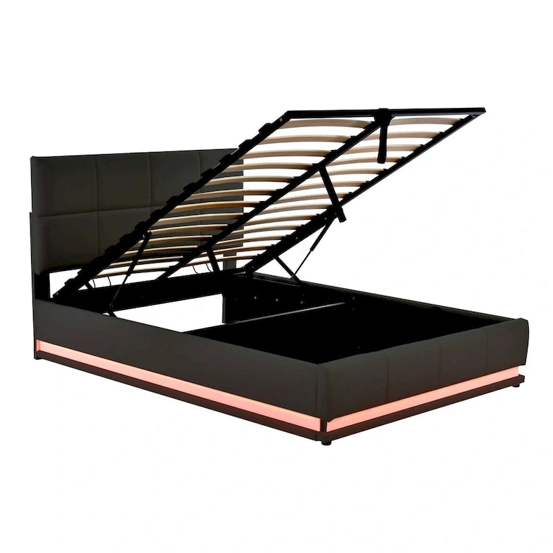 Letto imbottito con piattaforma e sistema di archiviazione idraulico, letto contenitore in PU Queen Size con luci a LED e caricatore USB