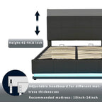 Letto imbottito con piattaforma e sistema di archiviazione idraulico, letto contenitore in PU Queen Size con luci a LED e caricatore USB