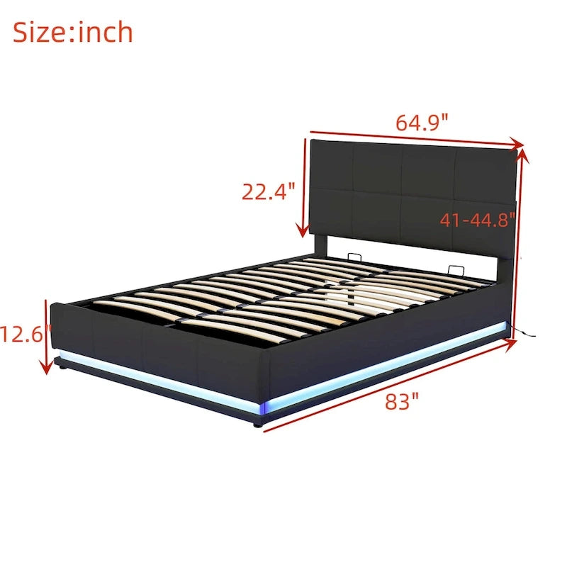 Letto imbottito con piattaforma e sistema di archiviazione idraulico, letto contenitore in PU Queen Size con luci a LED e caricatore USB
