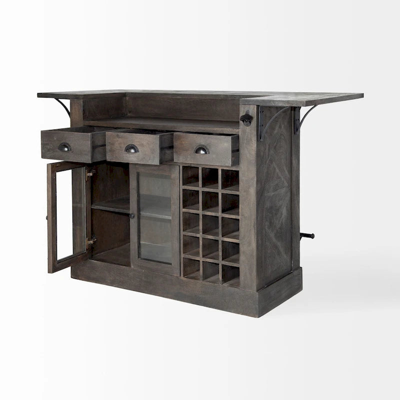 Isola da Cucina in Legno Massello di Mango Marrone Scuro con Porta Bottiglie di Vino