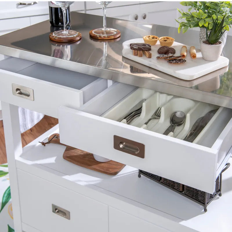 Carrello da cucina in acciaio inossidabile con cassetti e ruote piroettanti