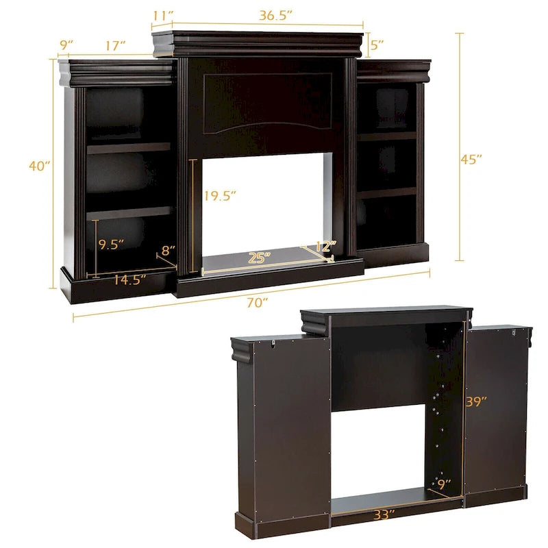 Mobile TV e Intrattenimento da 70 pollici marrone con Libreria e Caminetto - 70 x 11 x 45 (L x P x A)