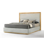 Letto con struttura in tessuto grigio moderno e legno naturale