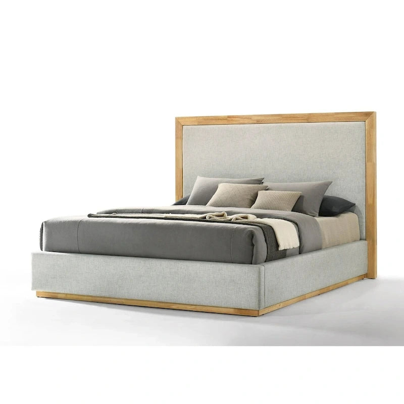 Letto con struttura in tessuto grigio moderno e legno naturale