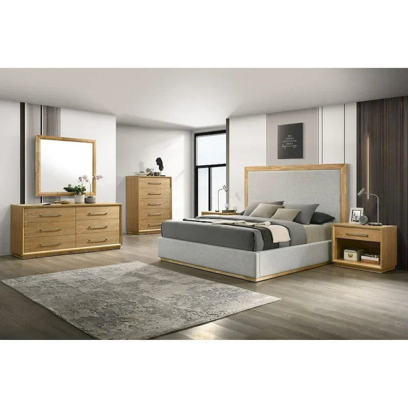 Letto con struttura in tessuto grigio moderno e legno naturale