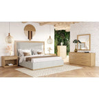 Letto con struttura in tessuto grigio moderno e legno naturale