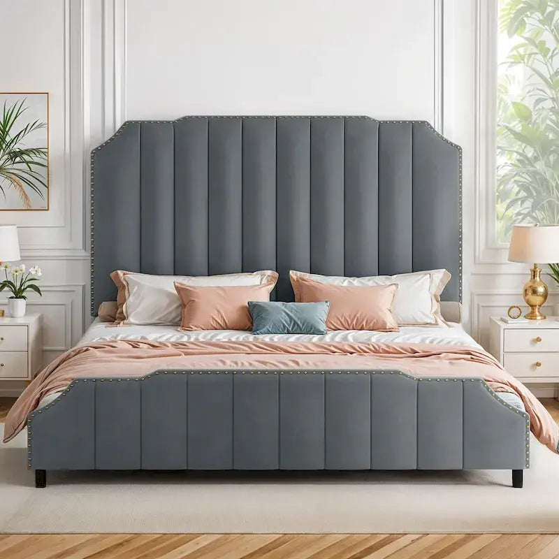 Giroletto Imbottito Grigio Letto con Piattaforma in Velluto Base per Materasso