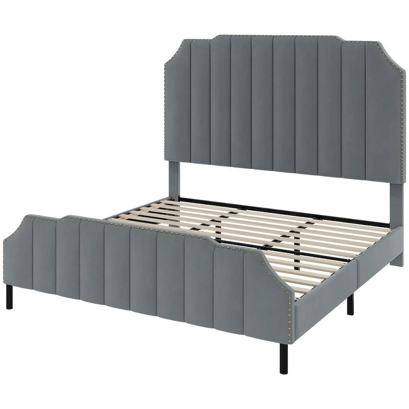 Giroletto Imbottito Grigio Letto con Piattaforma in Velluto Base per Materasso
